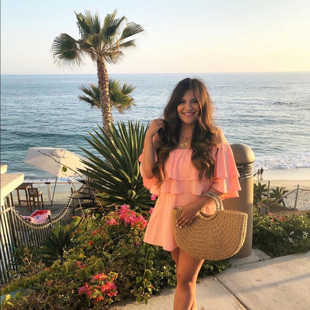 show me your mumu coral ruffle mini dress